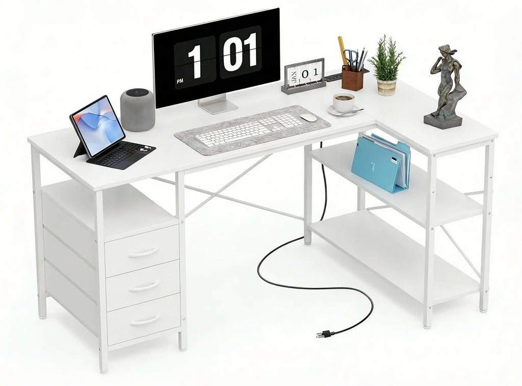 White 47 Inch L Shaped Gaming Desk with 3 Drawers and Shelves K634044