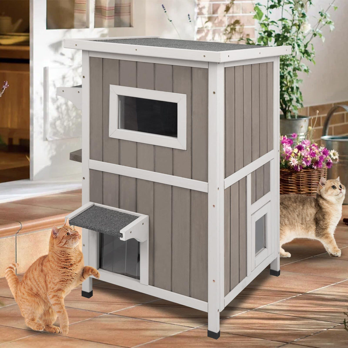 2 Story Weatherproof Wooden Outdoor Cat House W384713