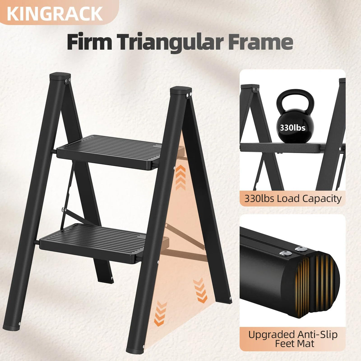 2 Step Folding Ladder with Non-Slip Wide Pedals and Safety Lock, Black J5243
