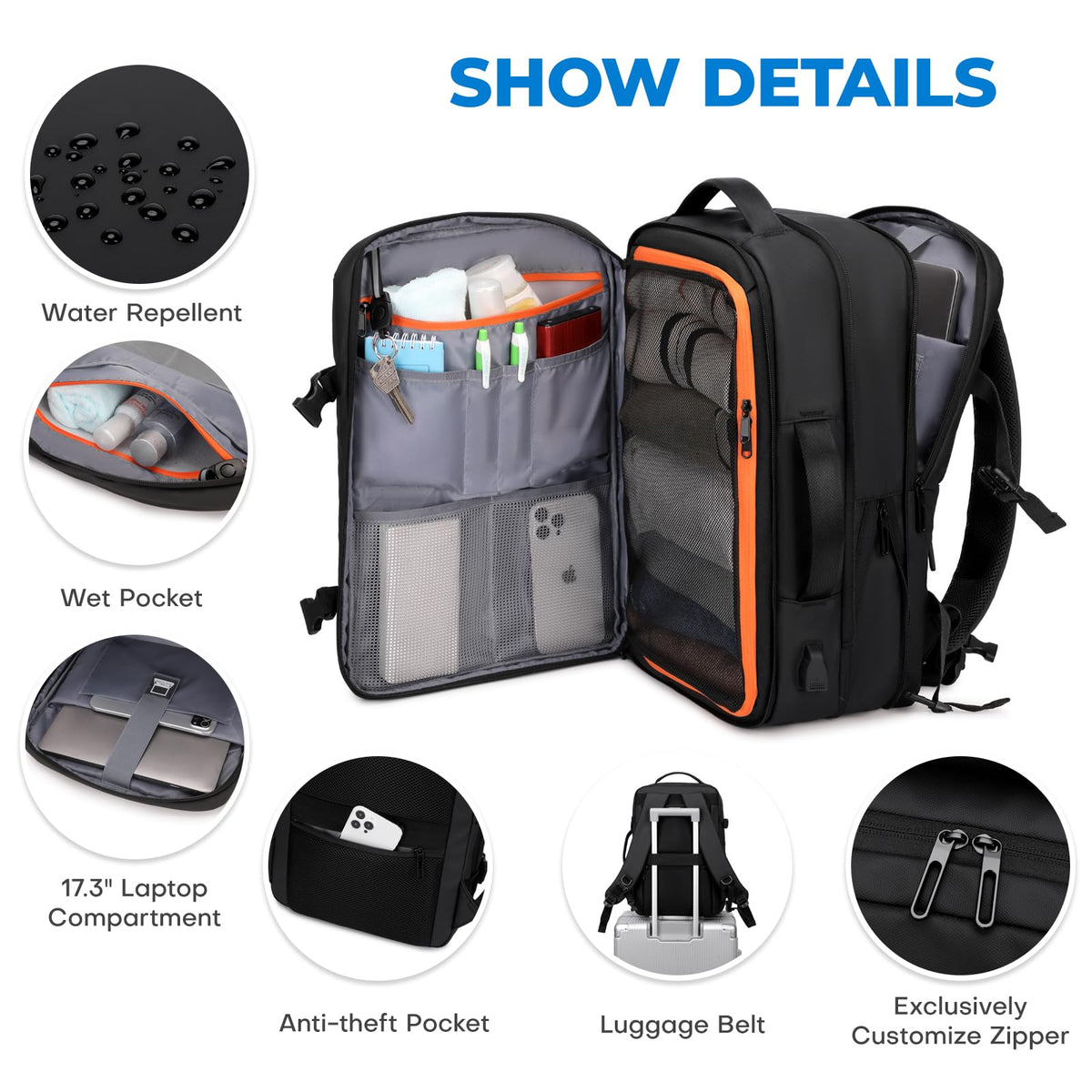 Carry On Travel Backpack Black Y3215