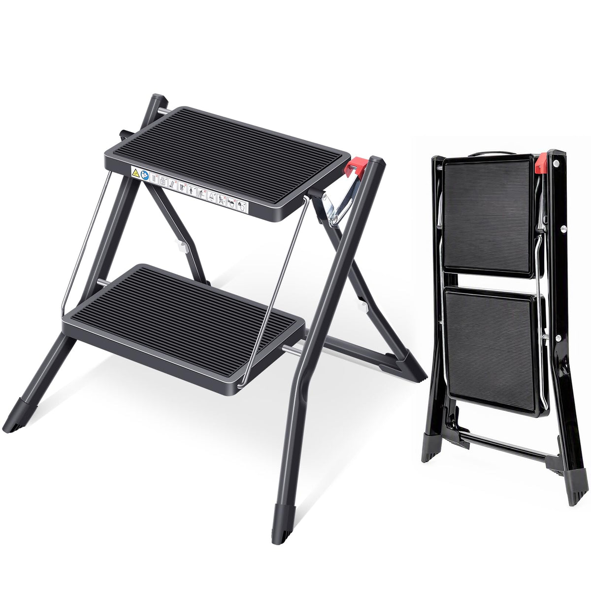 Folding Step Ladder, 2 Step Step Stool with Handle, Black A35041