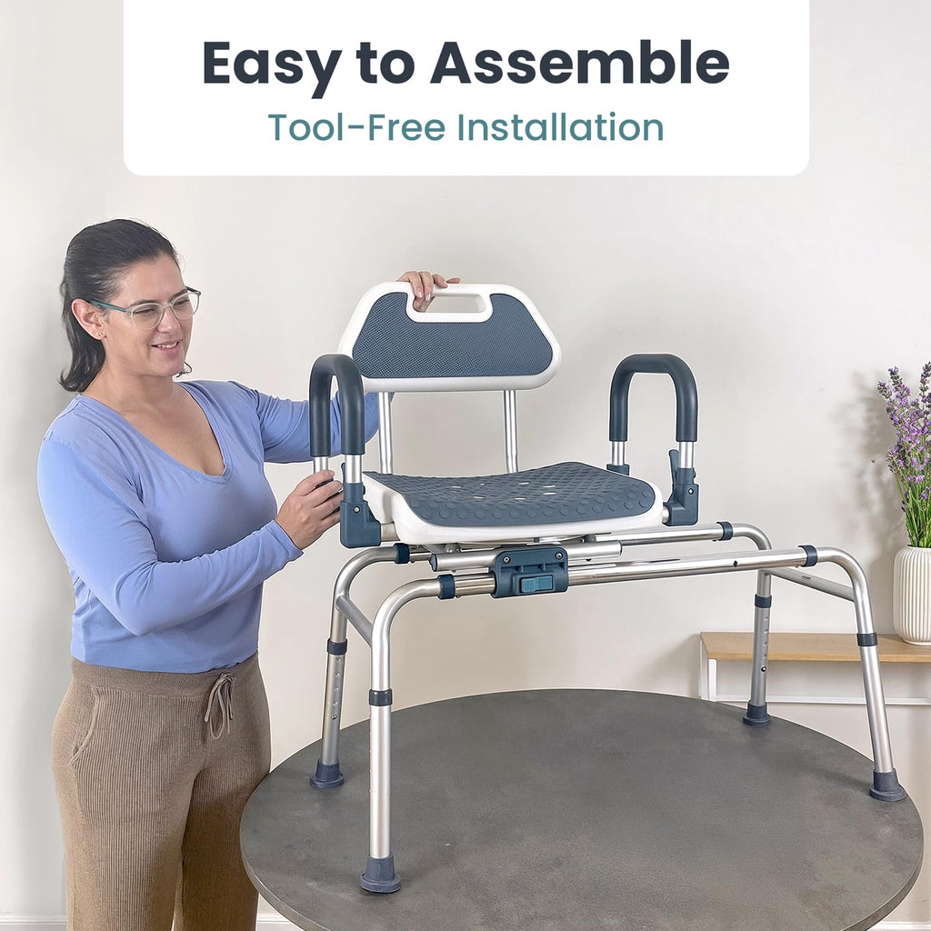Dark Blue Sliding Shower Chair Tub Transfer Bench with Swivel Seat V698156