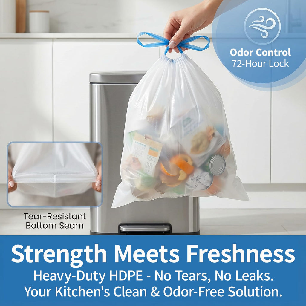 8 Gallon Drawstring Trash Bags 1.2 Mil Unscented 150 Count K91536