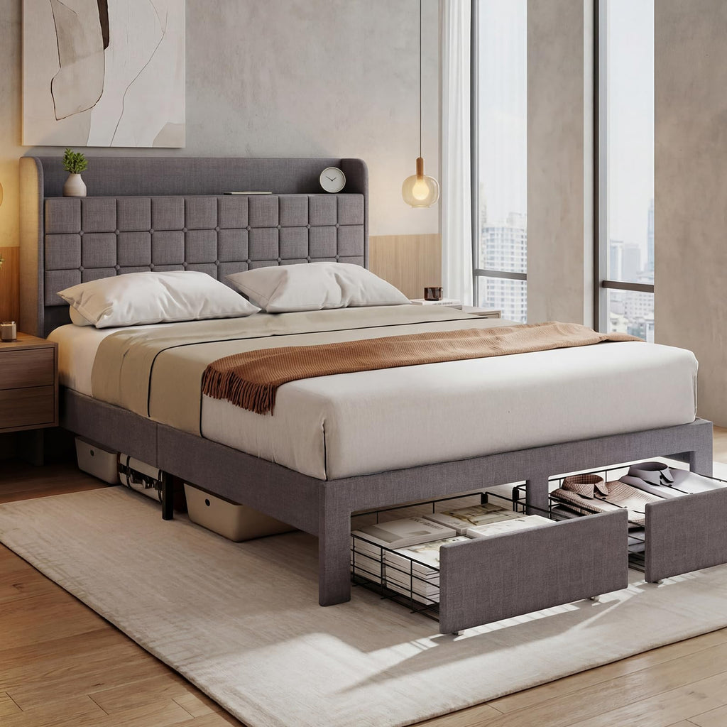 Full Upholstered Platform Bed Frame with Storage Drawers Y247700
