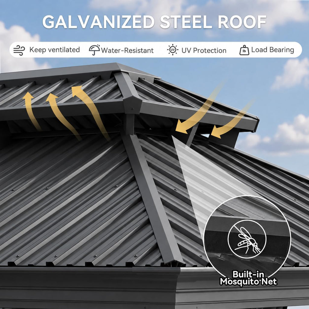 10x14 FT Hardtop Gazebo with Galvanized Steel Double Roof and Aluminum Frame P7241