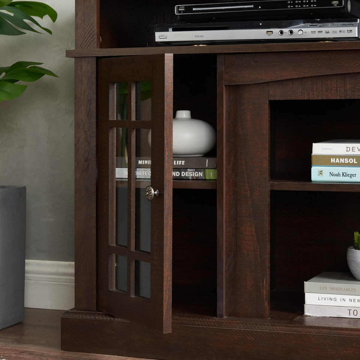 Espresso TV Stand with Glass Door and Open Shelves G85905