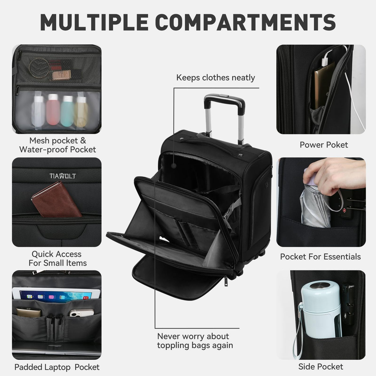 16 Inch Underseat Carry on Luggage with Wheels Black G925