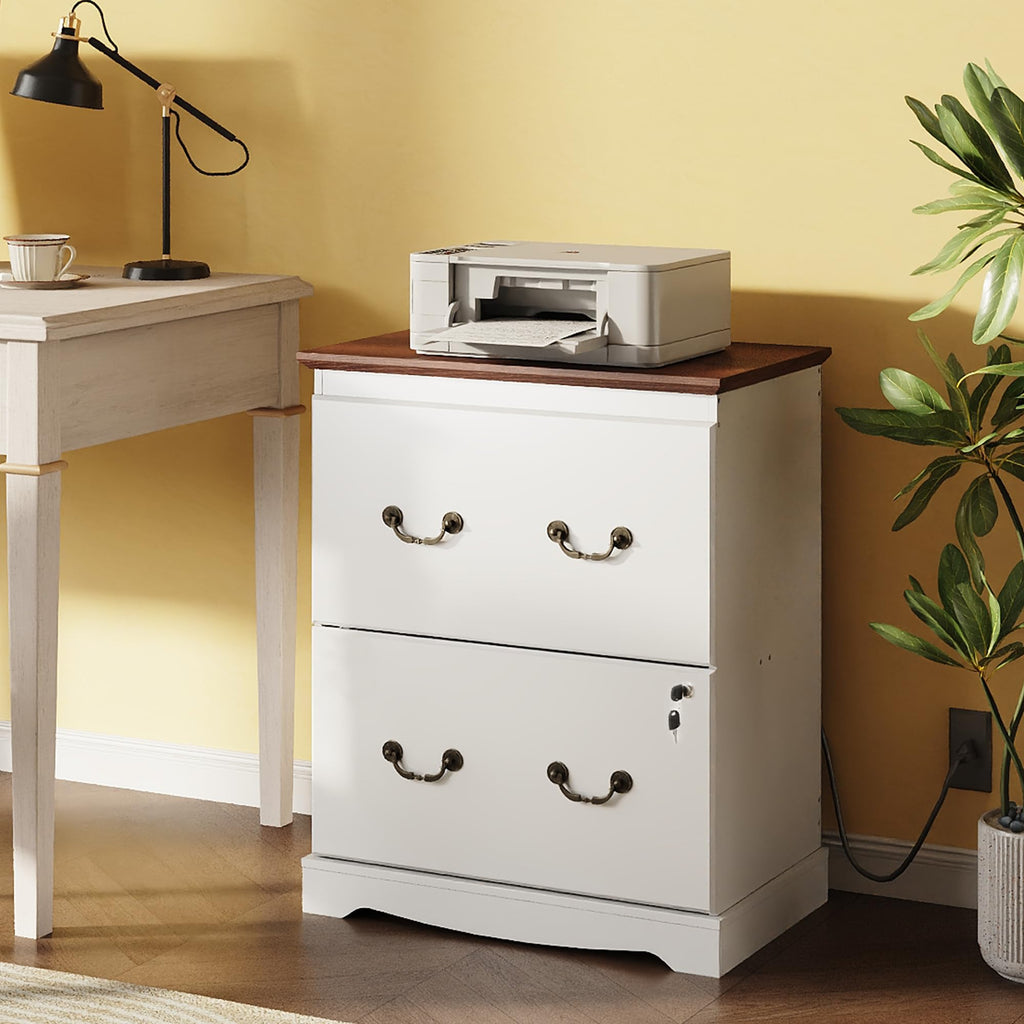 White 2 Drawer Wood File Cabinet with Charging Station and Lock B2463