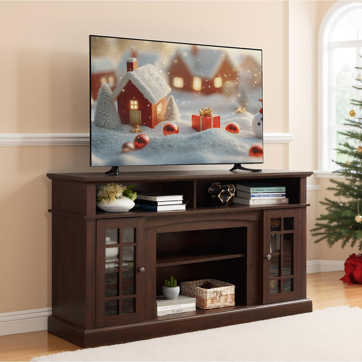 Espresso TV Stand with Glass Door and Open Shelves G85905