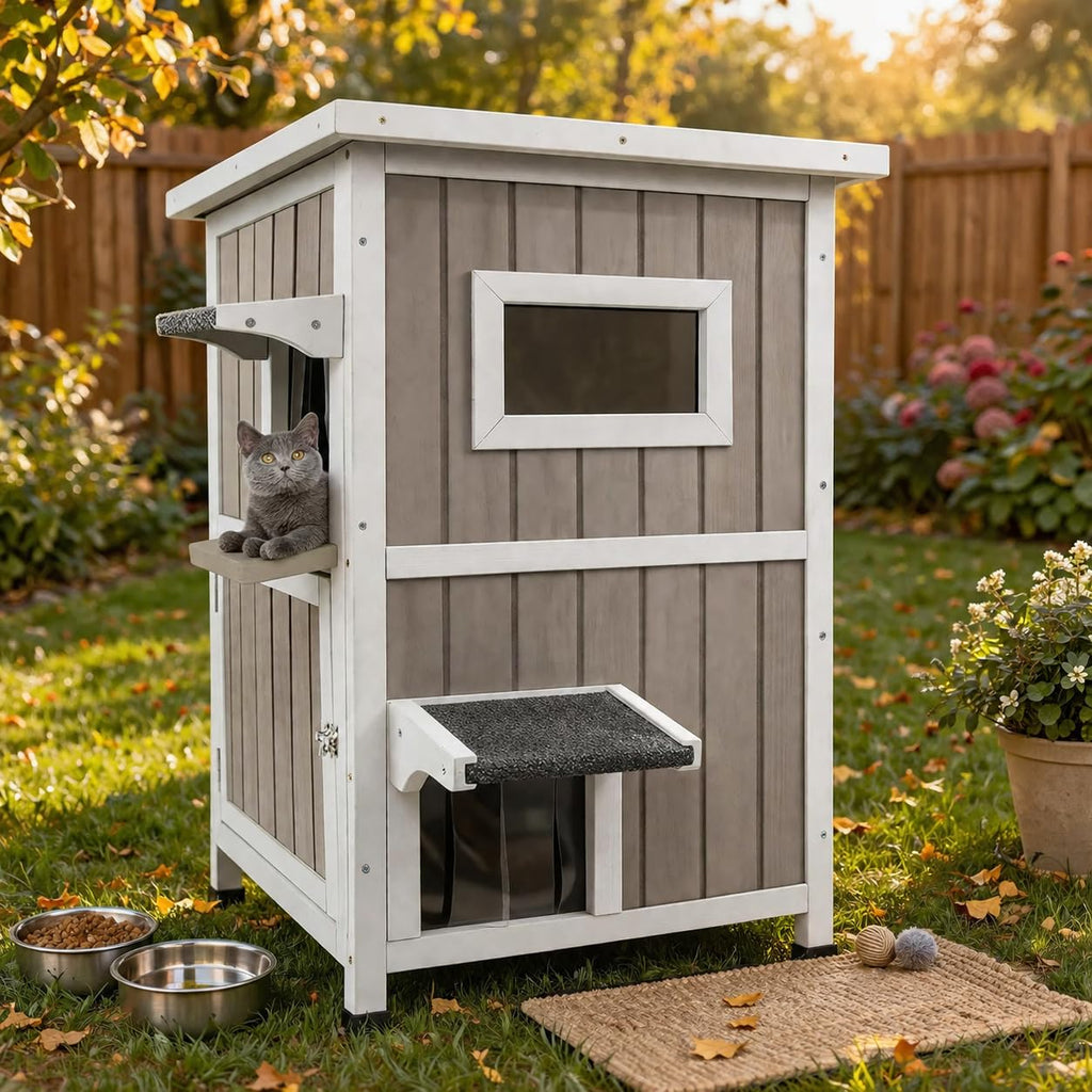 2 Story Weatherproof Wooden Outdoor Cat House W384713