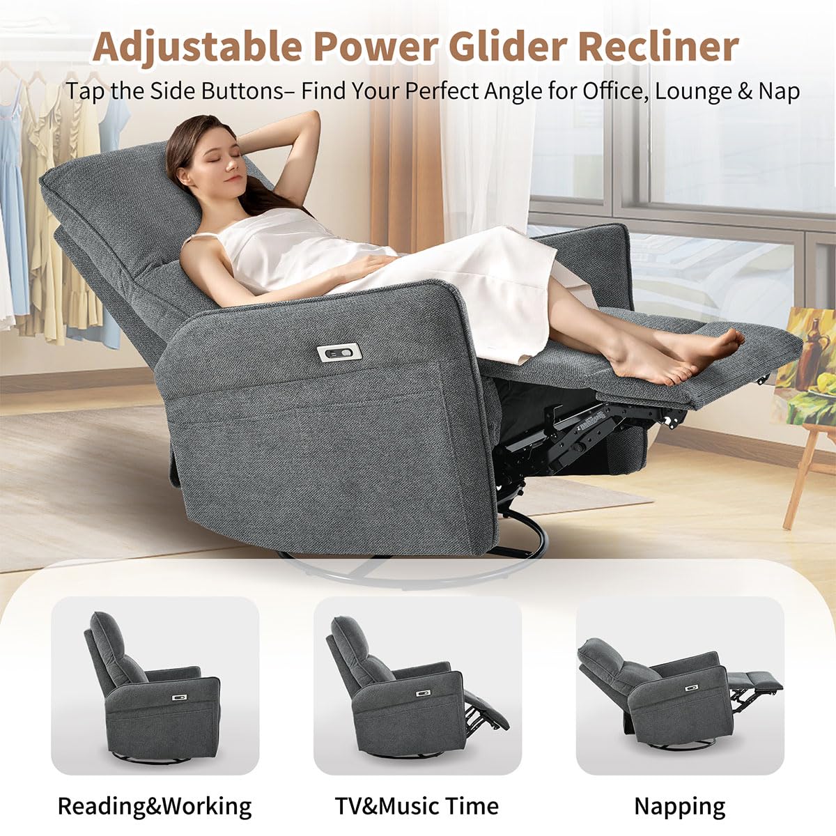 Power Swivel Rocker Recliner Chair with USB, Dark Gray S9090