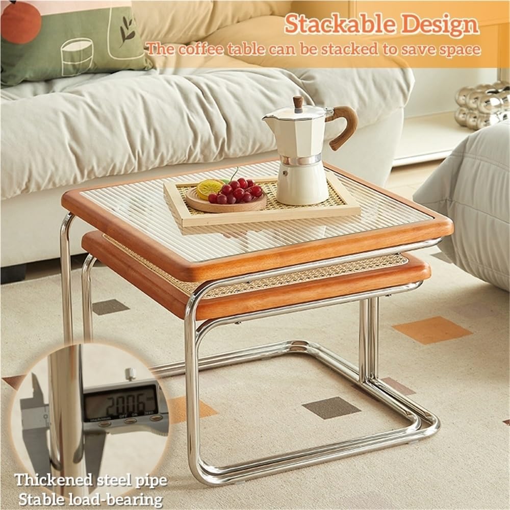 Square Nesting Coffee Table Set of 2 Wooden Rattan Glass Brown C2398