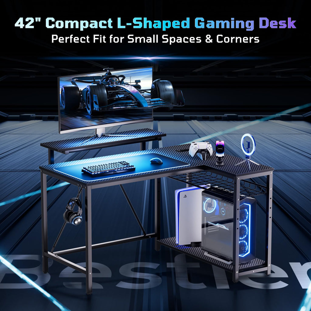 42-Inch L-Shaped Computer Desk with Charging & LED, Black X7895