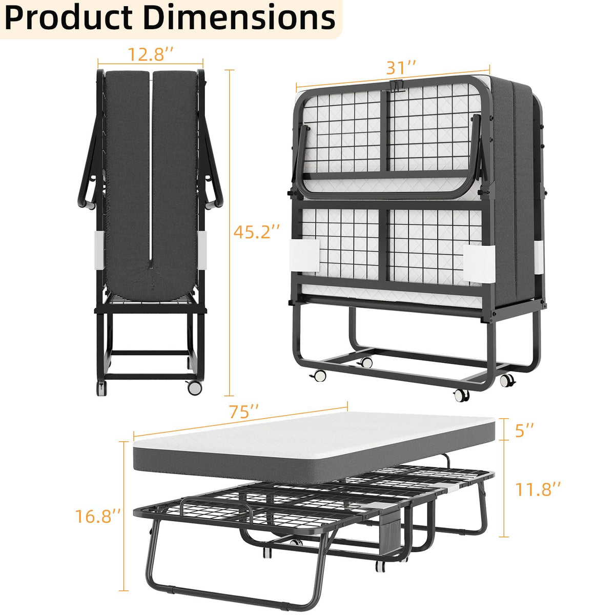 Folding Bed with 5" Memory Foam Mattress Cot Size I915