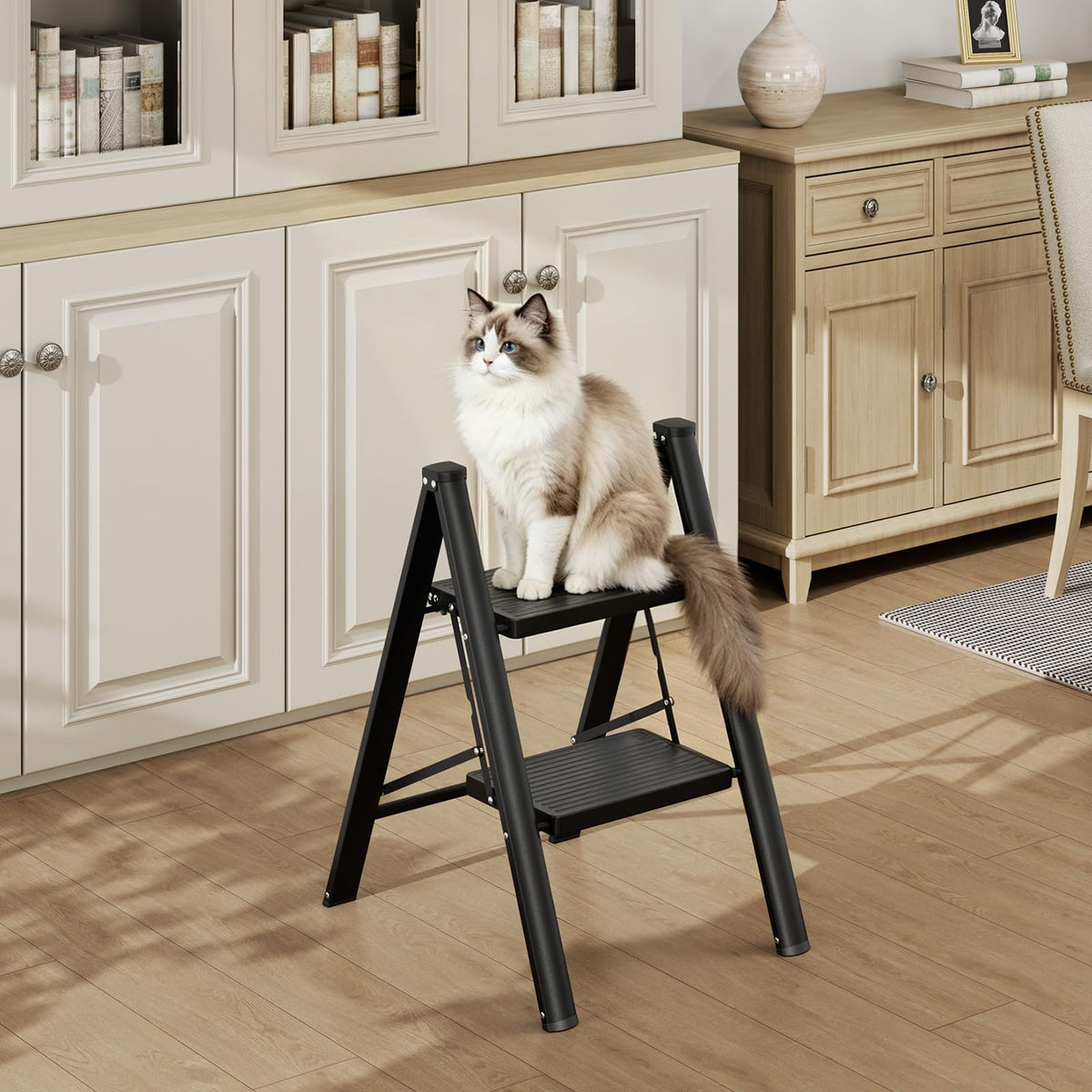 2 Step Folding Ladder with Non-Slip Wide Pedals and Safety Lock, Black J5243