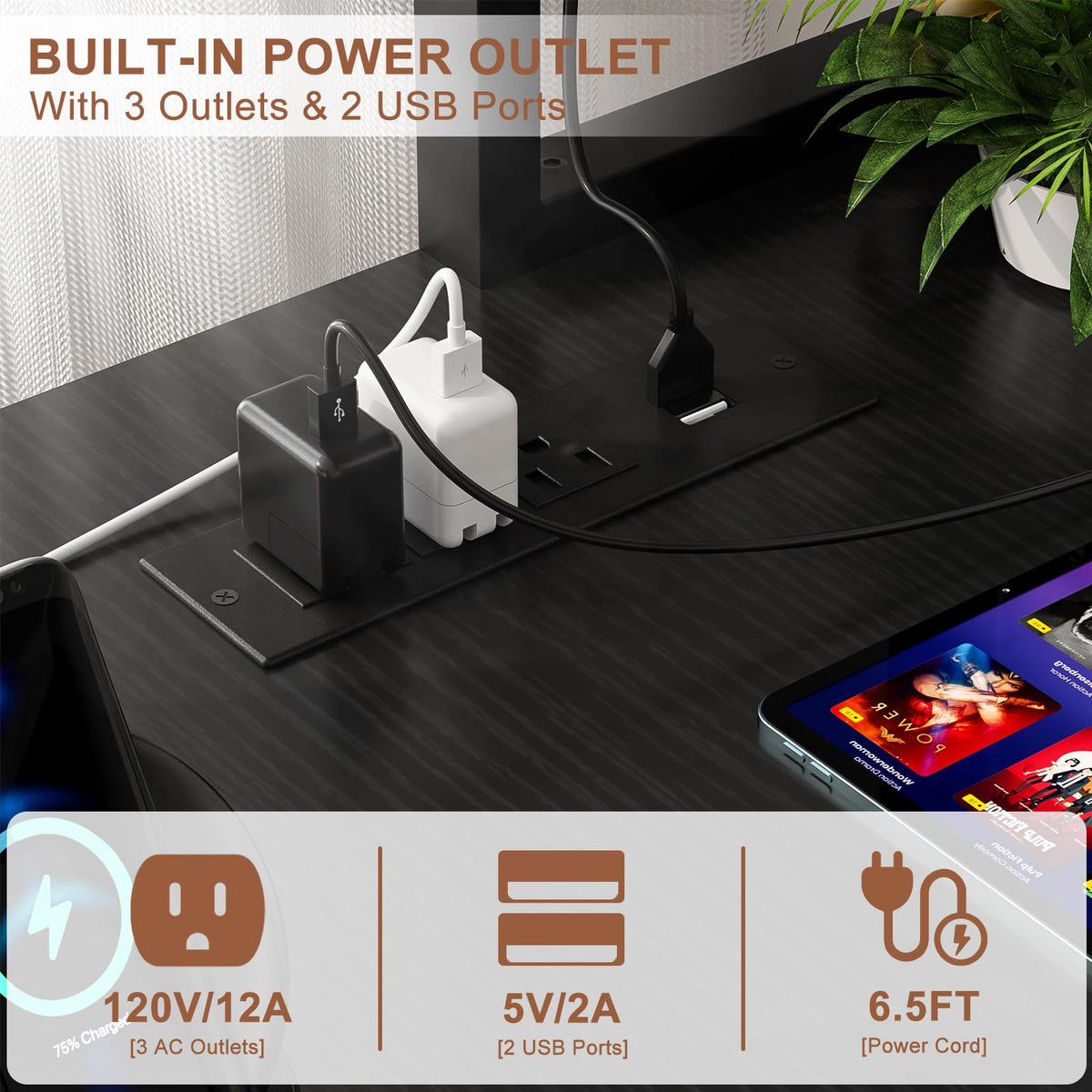 59" L Shaped Desk with LED Light & Power Outlet L493785