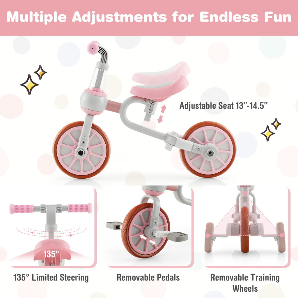 4 in 1 Tricycle with Adjustable Seat & Push Handle, Removable Pedals & Training Wheels, Pink B618
