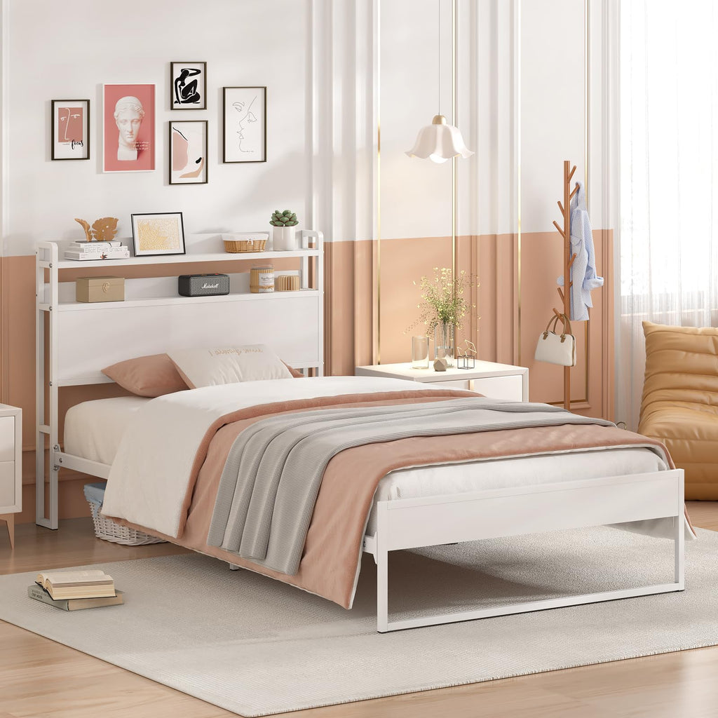 White Metal Twin Bed Frame with 2-Tier Storage Headboard H45689