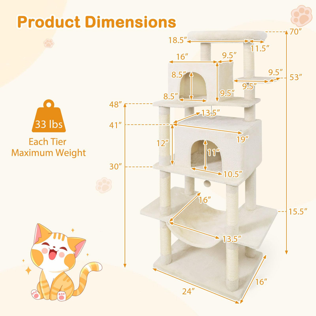 70 Inch Multi-Level Cat Tree with Sisal Scratching Posts and Condos B4723