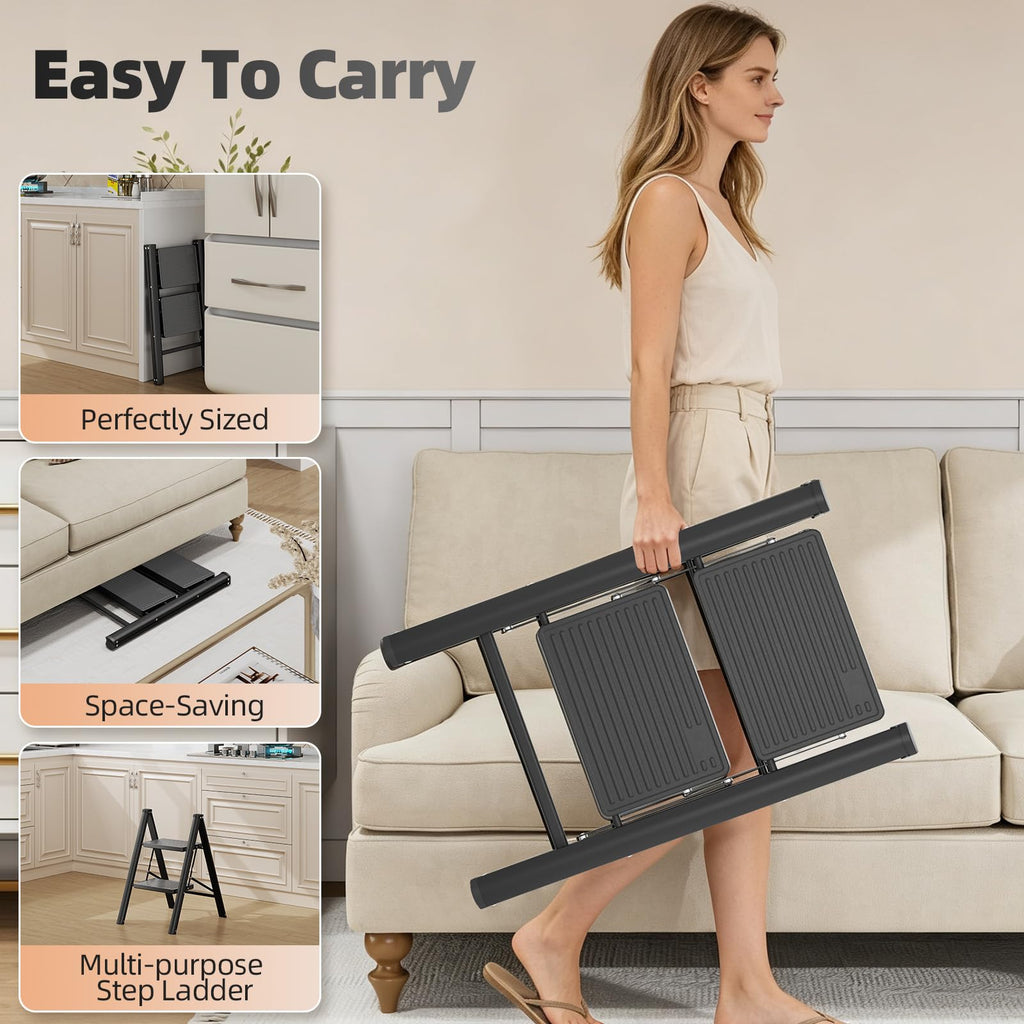 2 Step Folding Ladder with Non-Slip Wide Pedals and Safety Lock, Black J5243
