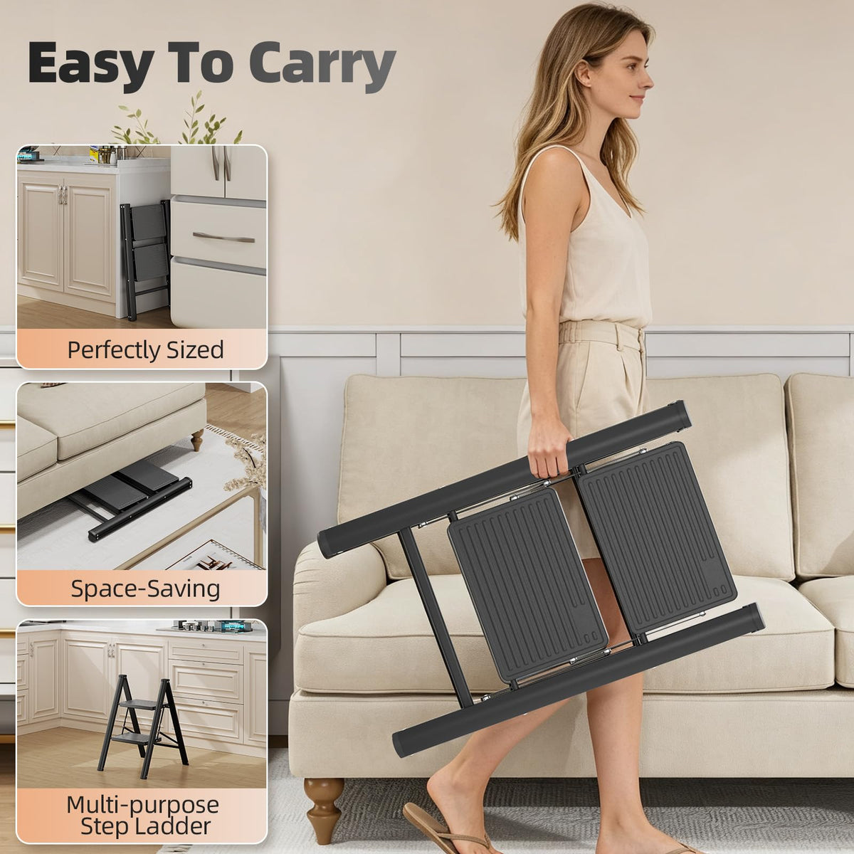 2 Step Folding Ladder with Non-Slip Wide Pedals and Safety Lock, Black J5243