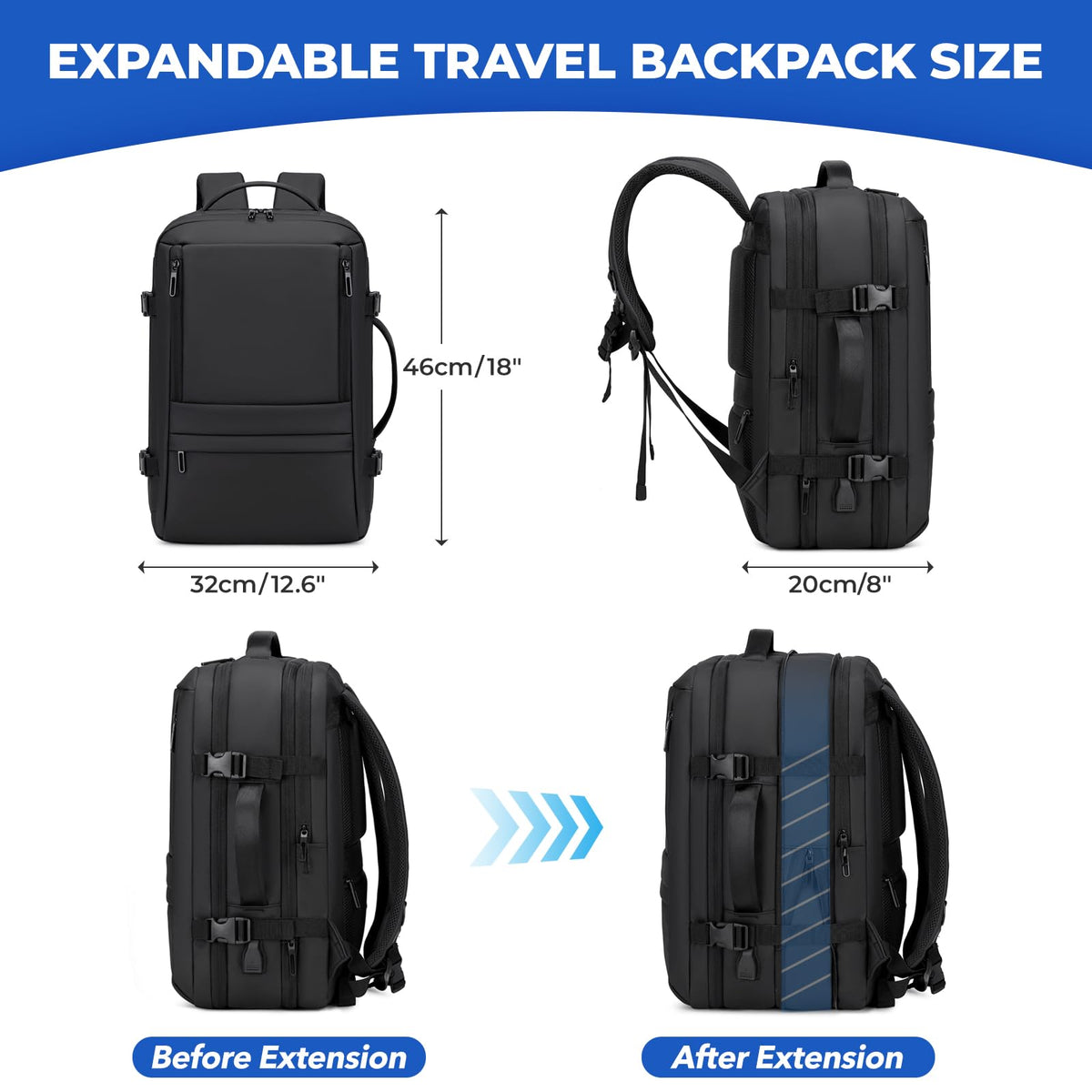 Carry On Travel Backpack Black Y3215