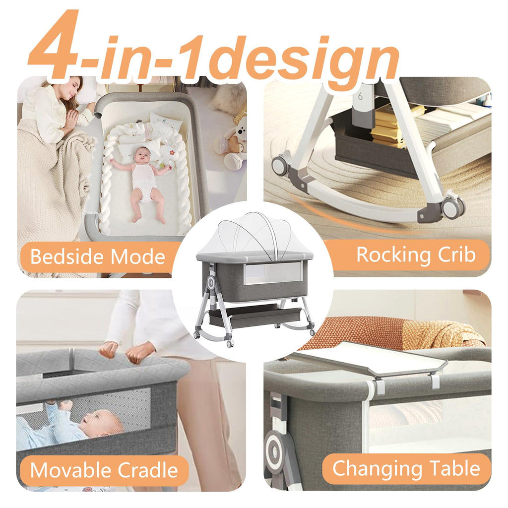 4 in 1 Baby Bassinet Bedside Sleeper with Wheels and Mattress F482
