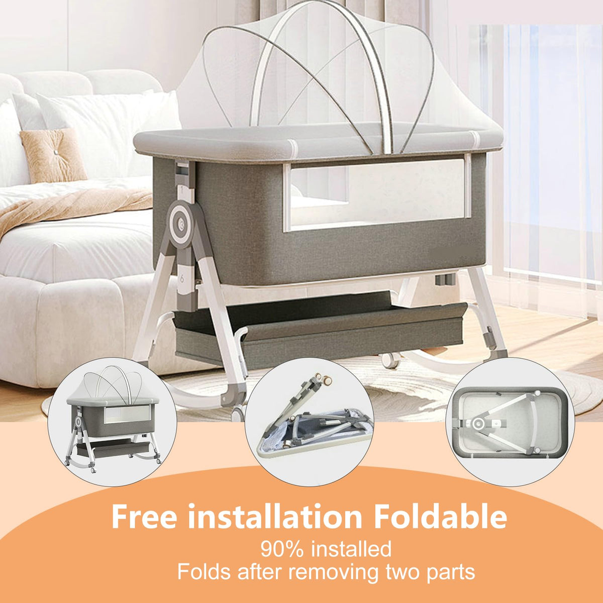 4 in 1 Baby Bassinet Bedside Sleeper with Wheels and Mattress F482
