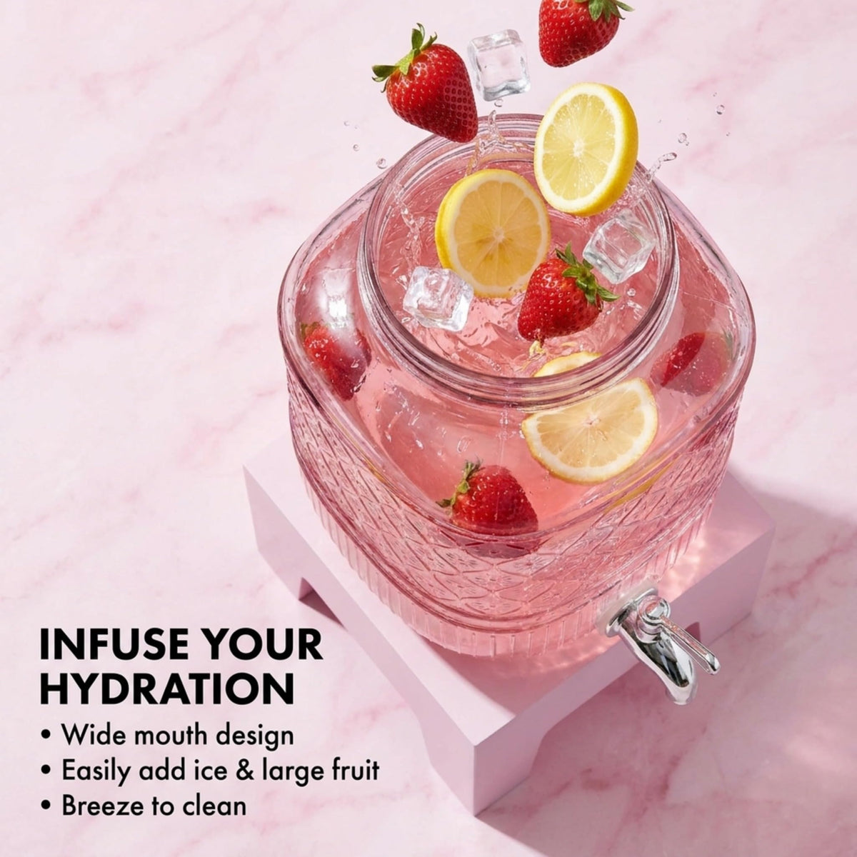 Pink Glass Beverage Dispenser with Wooden Stand, 1 Gallon L400