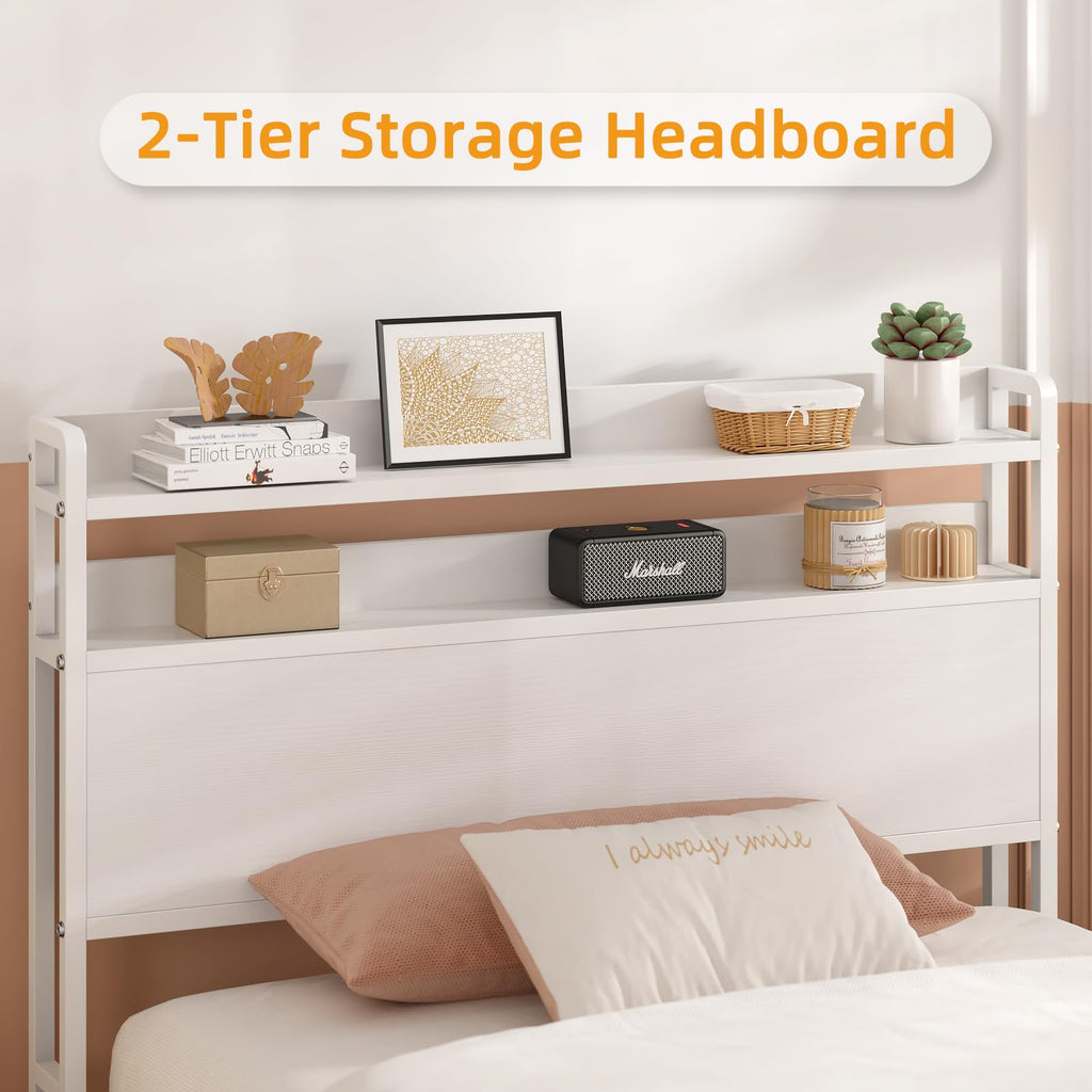 White Metal Twin Bed Frame with 2-Tier Storage Headboard H45689