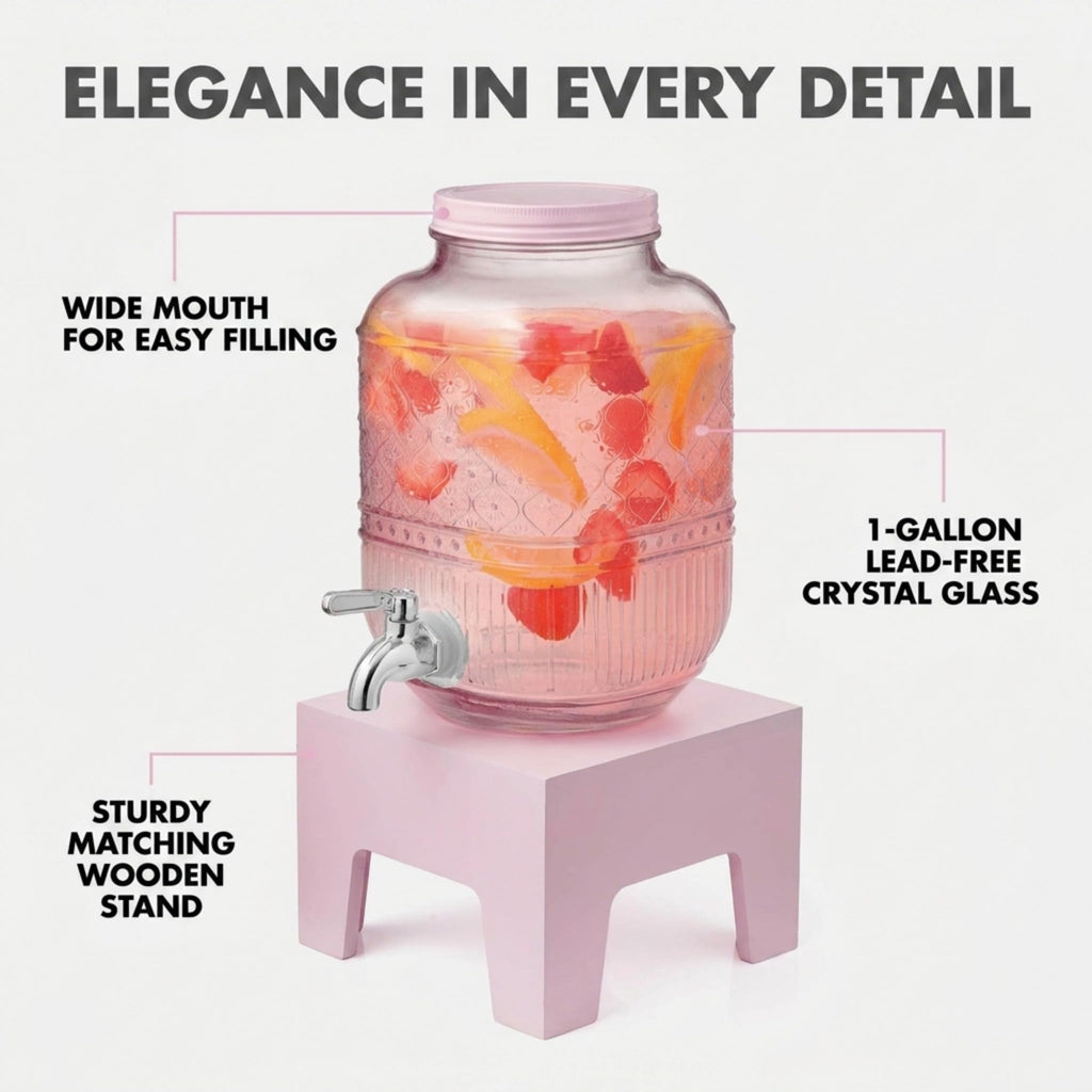 Pink Glass Beverage Dispenser with Wooden Stand, 1 Gallon L400