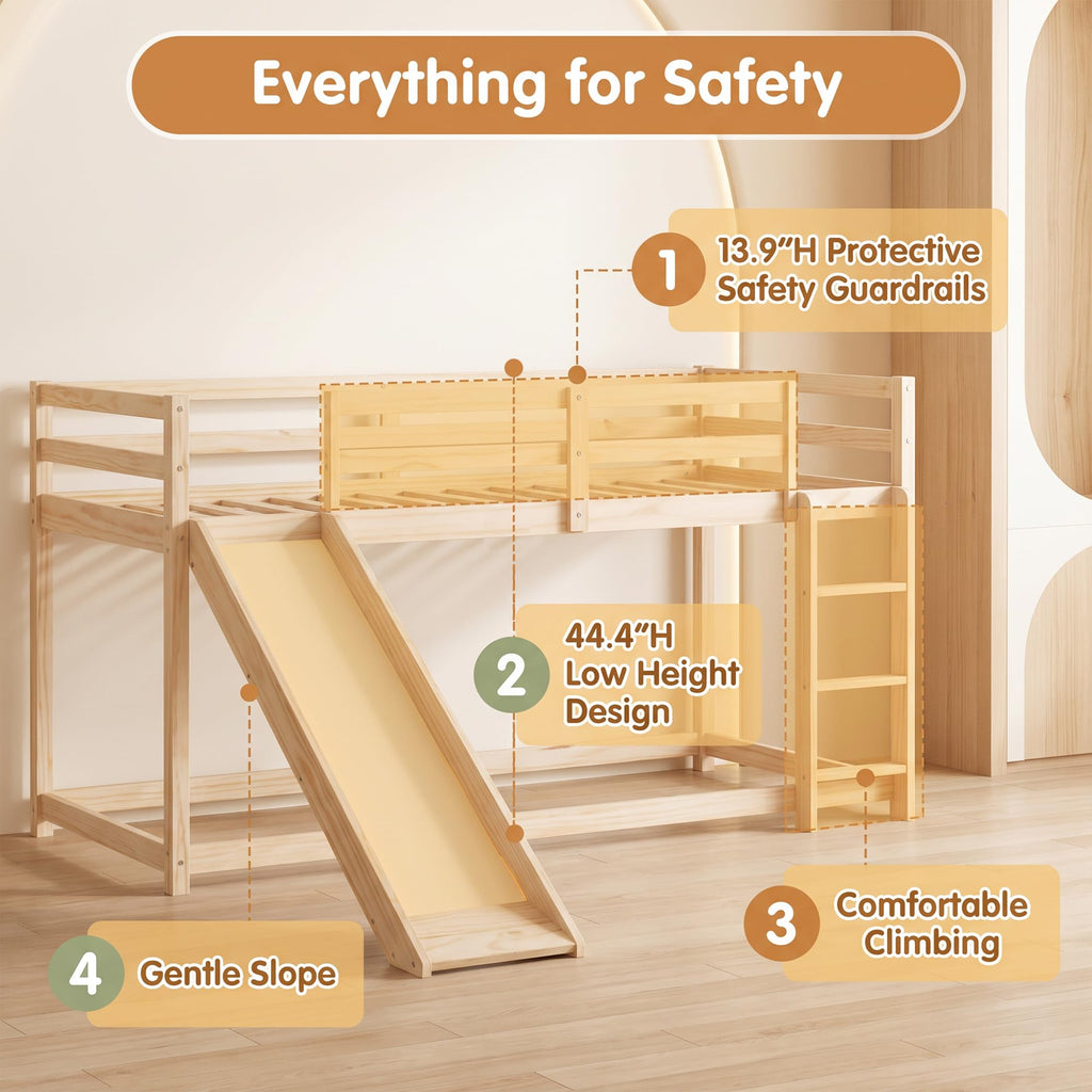 Twin Over Twin Solid Wood Bunk Bed with Slide and Ladder Y8273