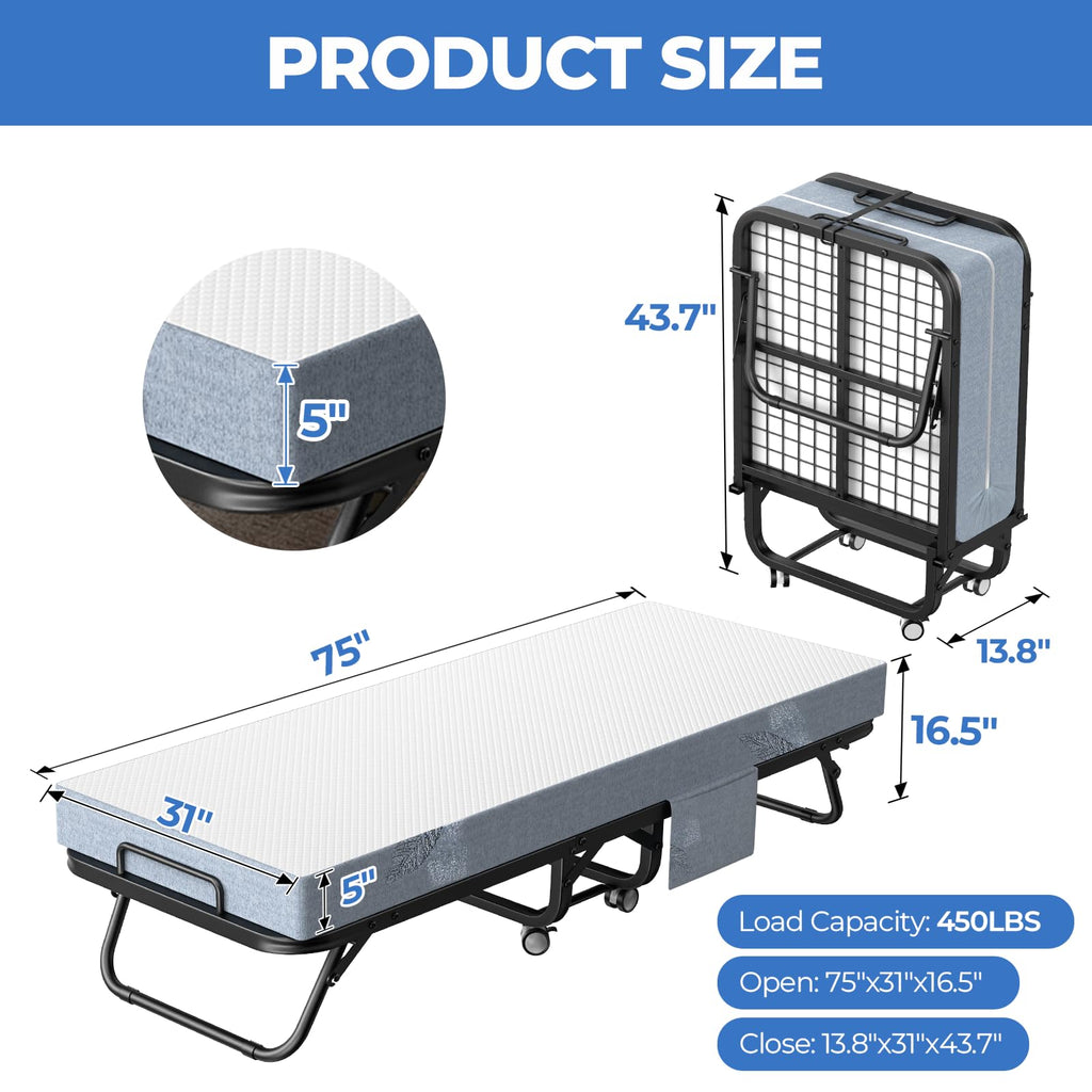 75" x 31" Folding Bed with 5" Memory Foam Mattress and Wheels D580958