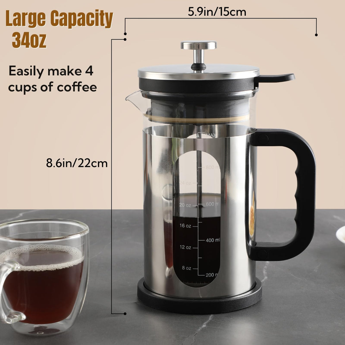 34 oz Borosilicate Glass Stainless Steel French Press T8984