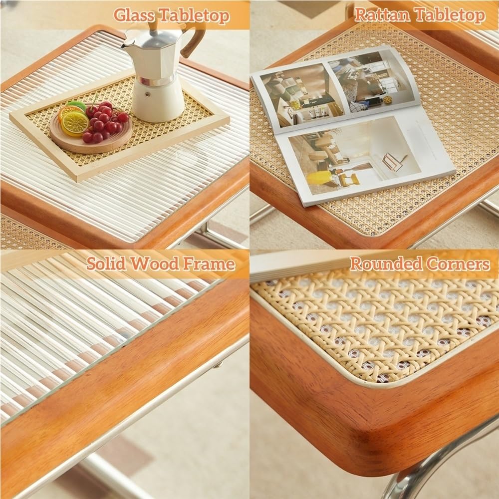 Square Nesting Coffee Table Set of 2 Wooden Rattan Glass Brown C2398