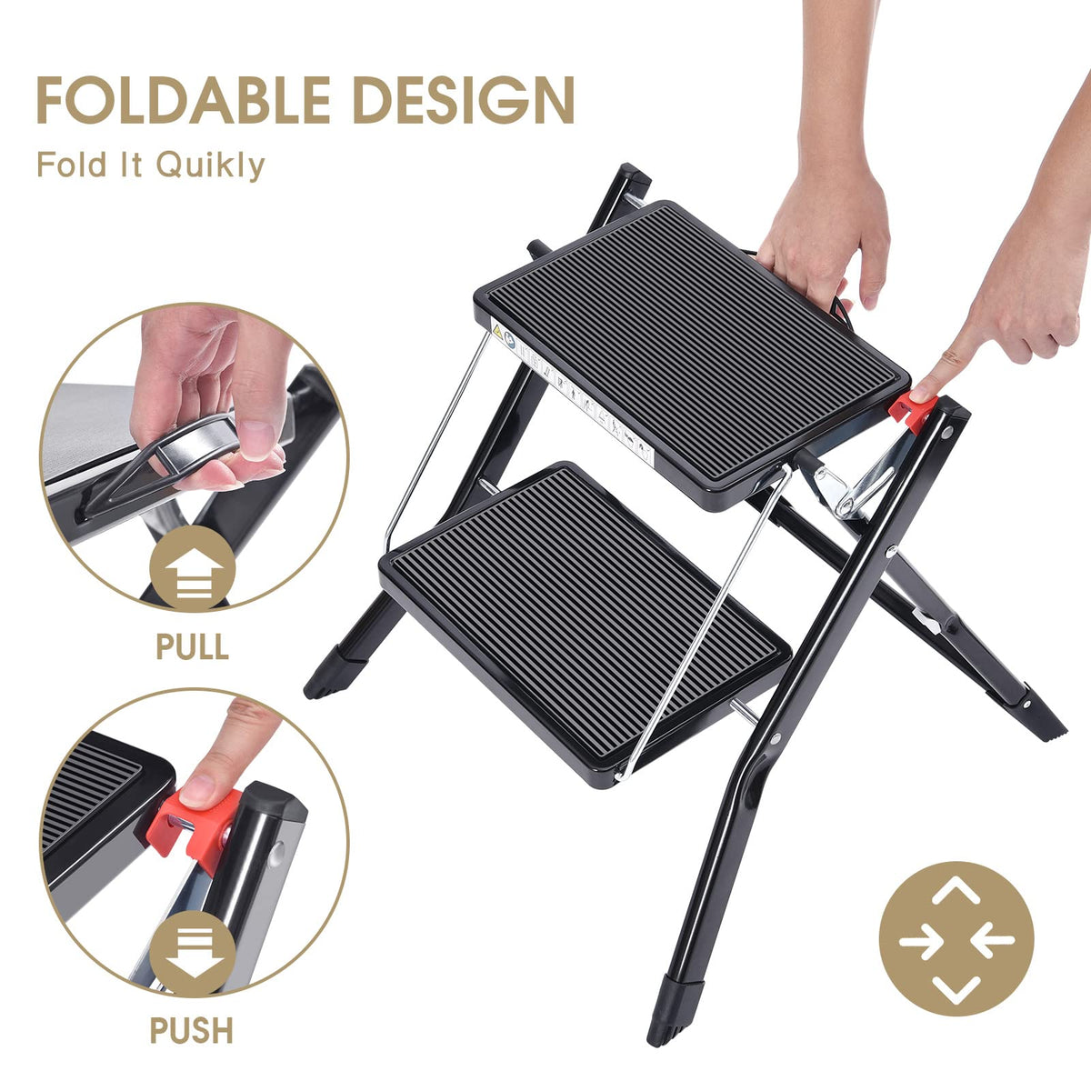 Folding Step Ladder, 2 Step Step Stool with Handle, Black A35041