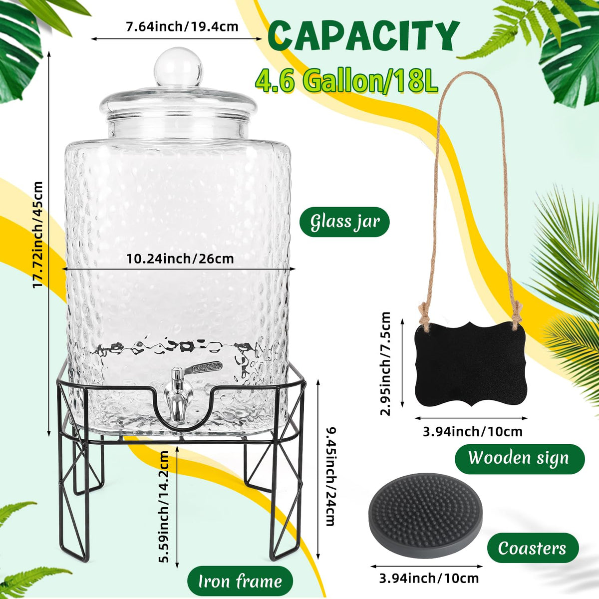 4.6 Gallon Glass Beverage Dispenser with Stand D950