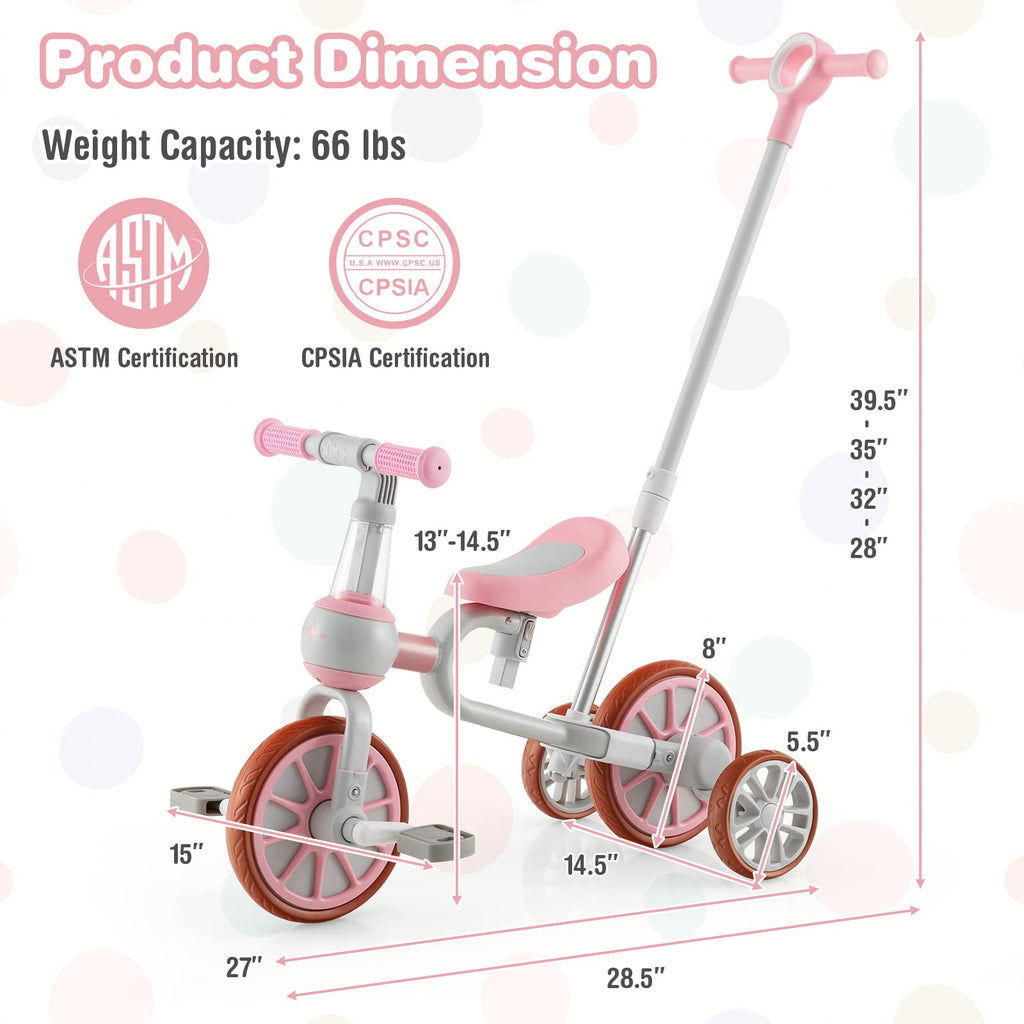 4 in 1 Tricycle with Adjustable Seat & Push Handle, Removable Pedals & Training Wheels, Pink B618