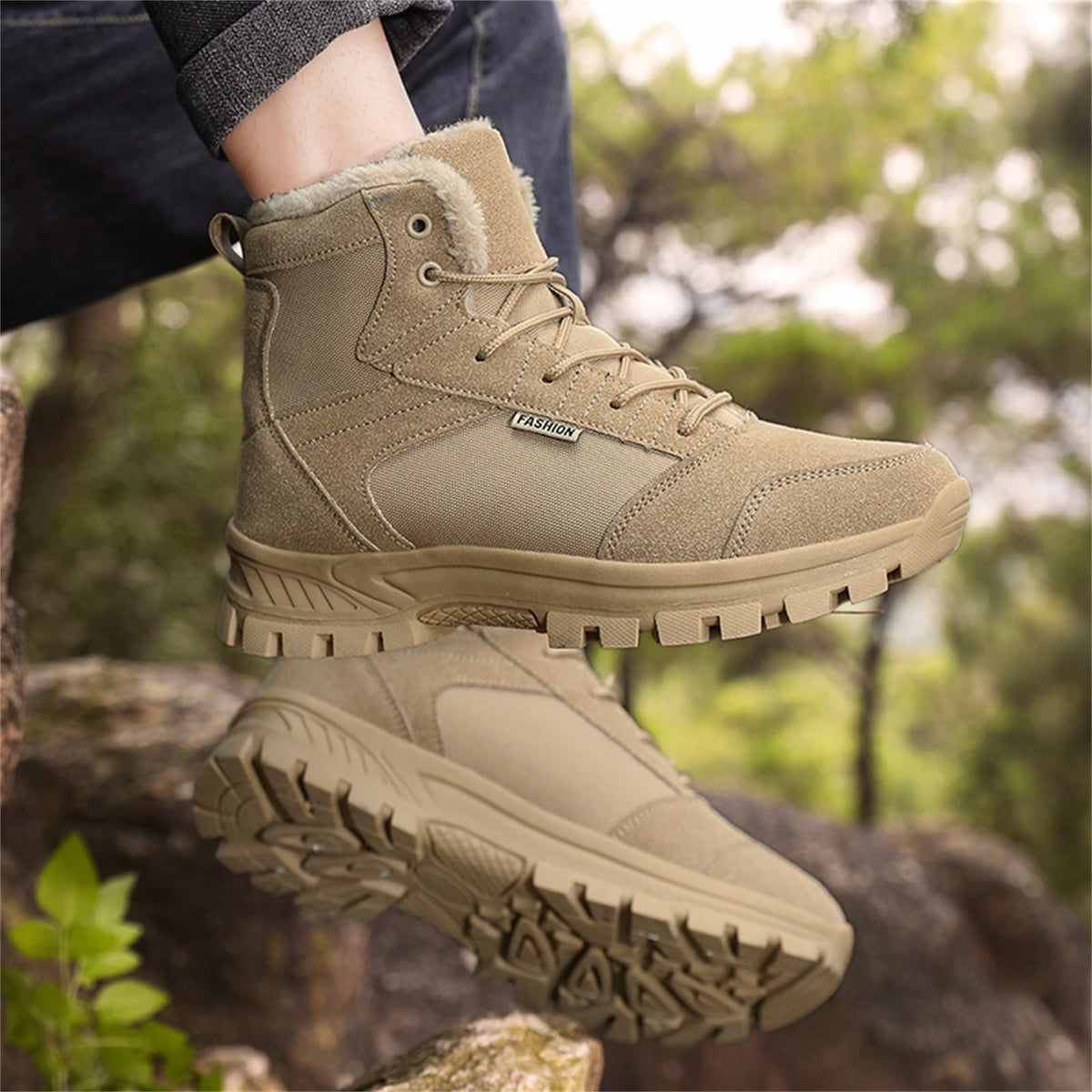 Mid Top Fur Lined Suede Leather Waterproof Military Tactical Boots O9061