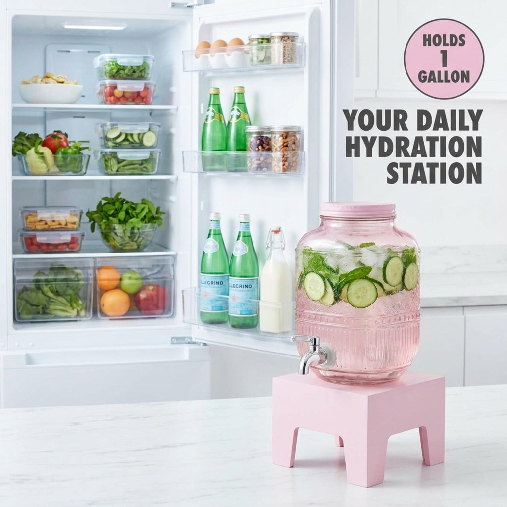 Pink Glass Beverage Dispenser with Wooden Stand, 1 Gallon L400