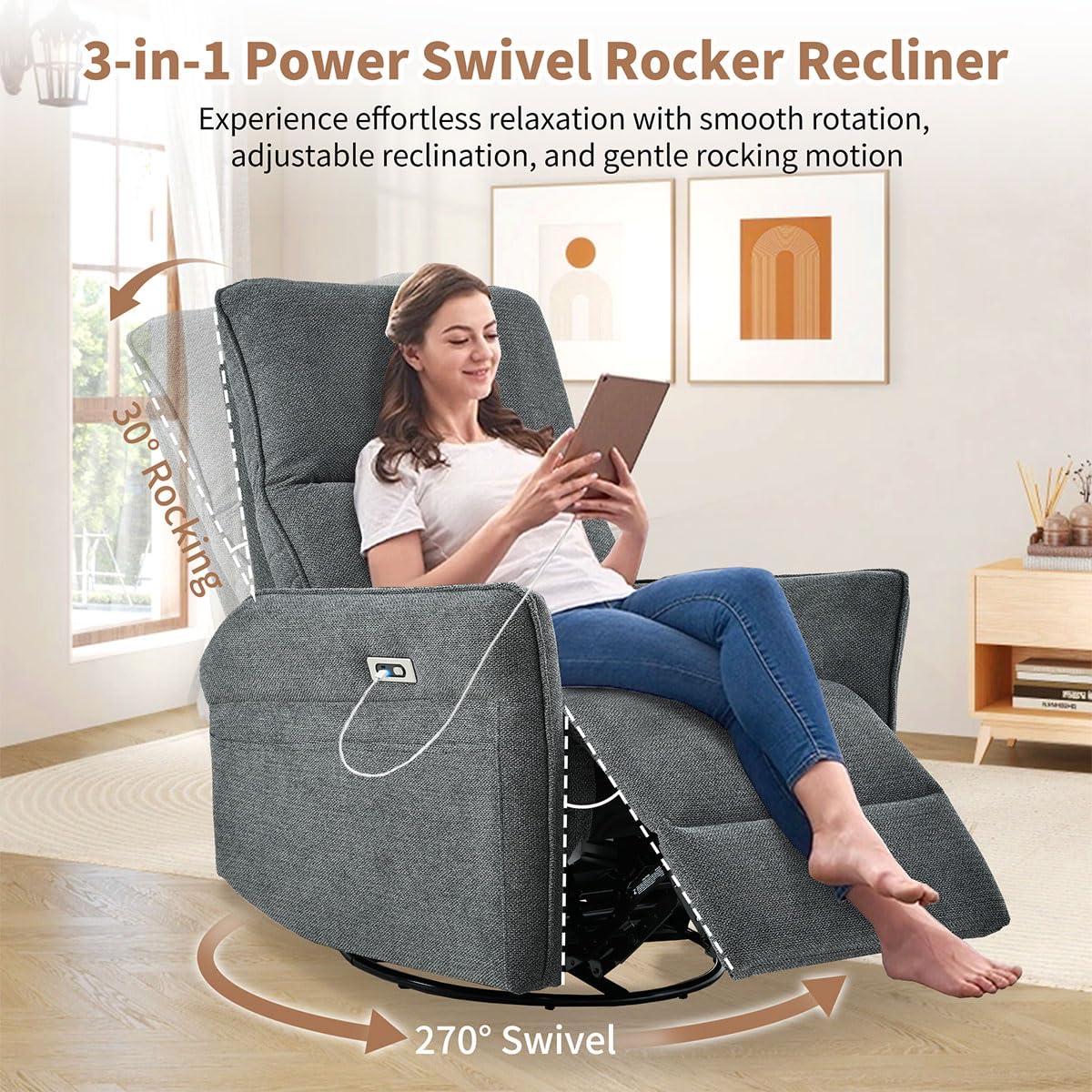 Power Swivel Rocker Recliner Chair with USB, Dark Gray S9090