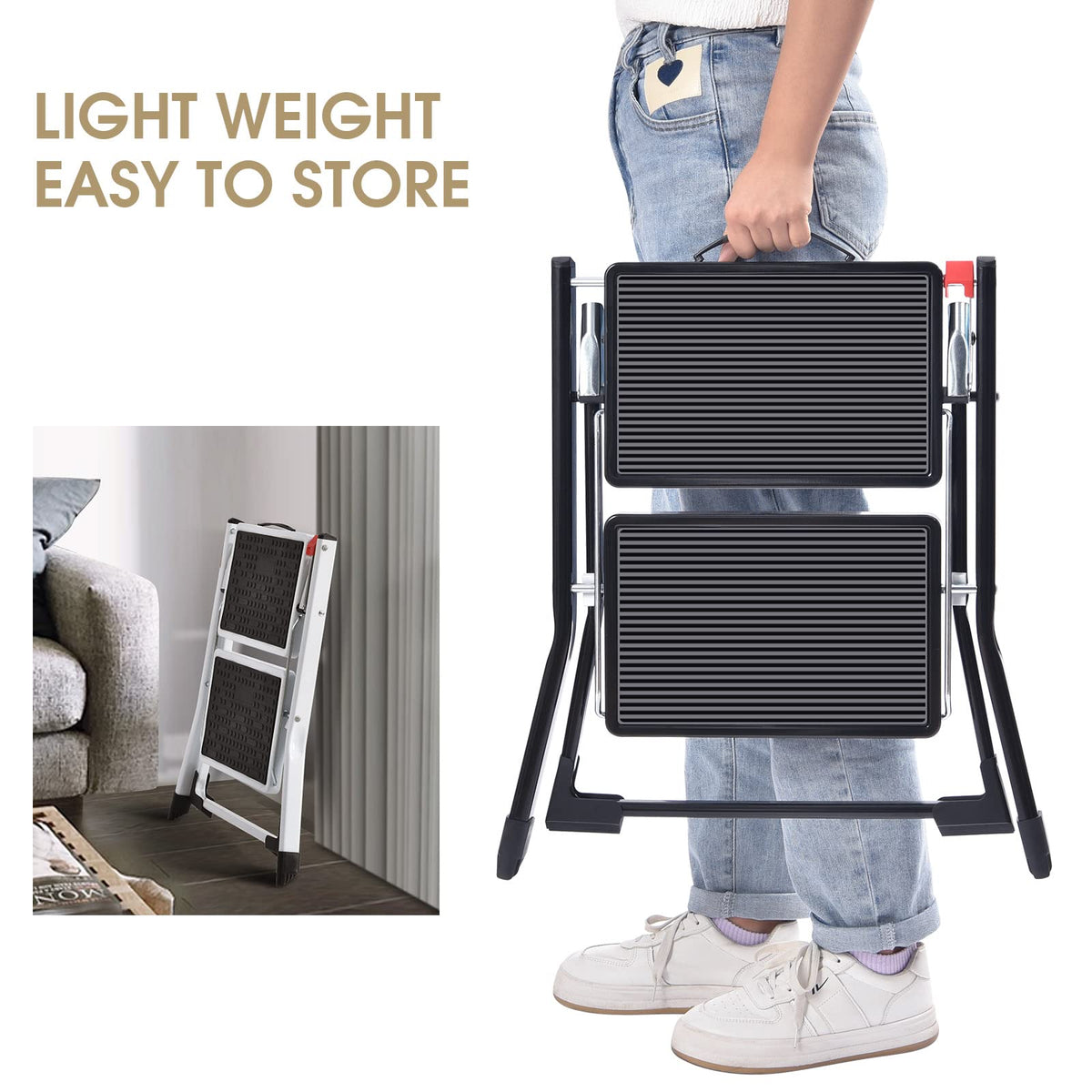 Folding Step Ladder, 2 Step Step Stool with Handle, Black A35041