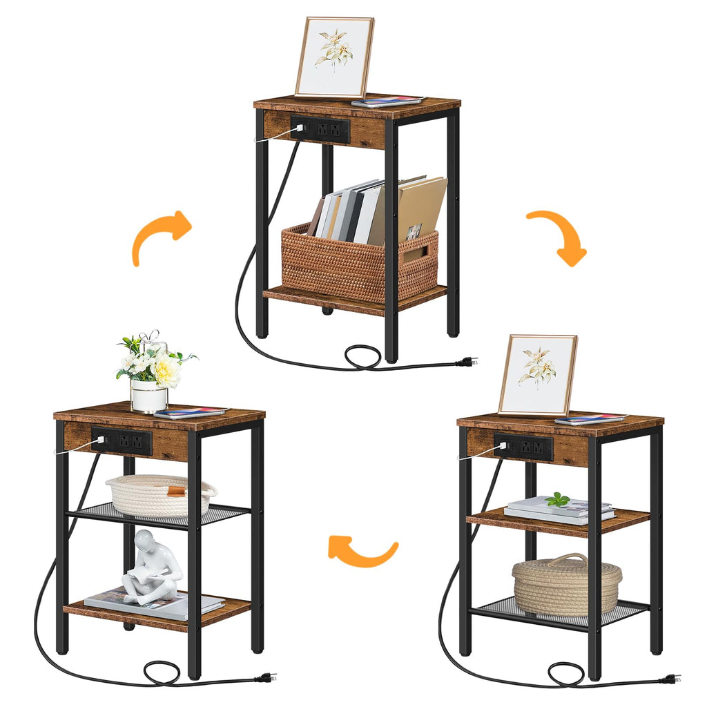 Side Table with Charging Station and USB Port, 3-Tier Nightstand with Adjustable Shelf, Rustic Brown V79002