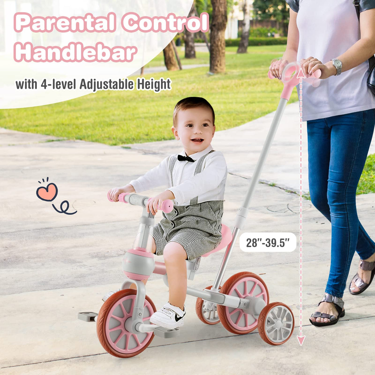 4 in 1 Tricycle with Adjustable Seat & Push Handle, Removable Pedals & Training Wheels, Pink B618