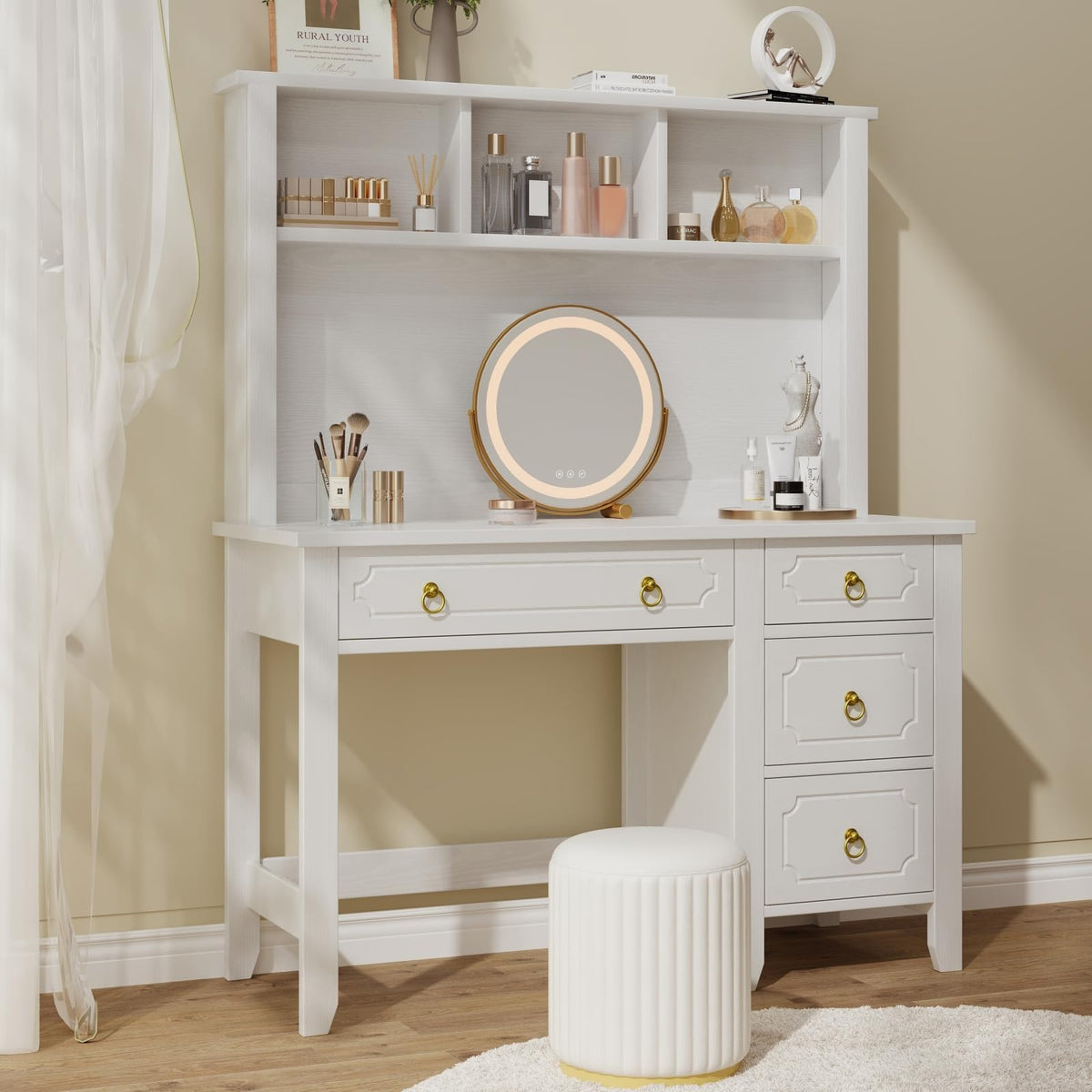 47" White and Gold Desk with Hutch and 4 Drawers J670400