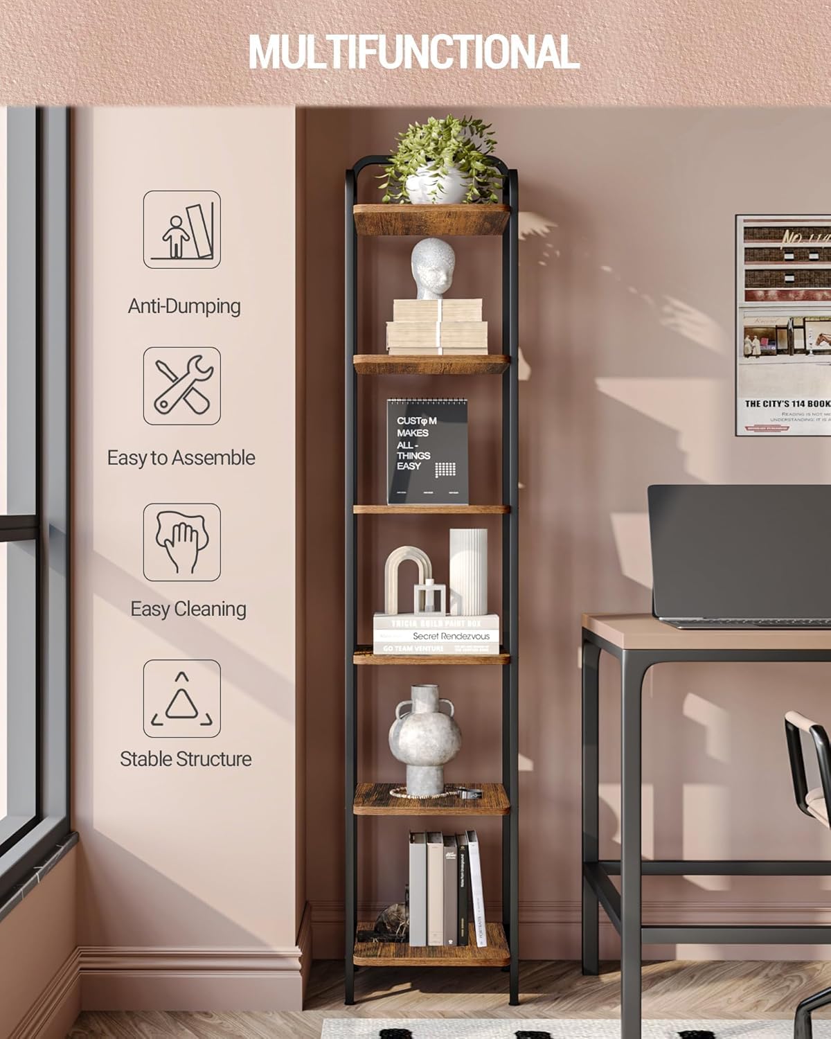 Narrow Industrial Bookcase V920
