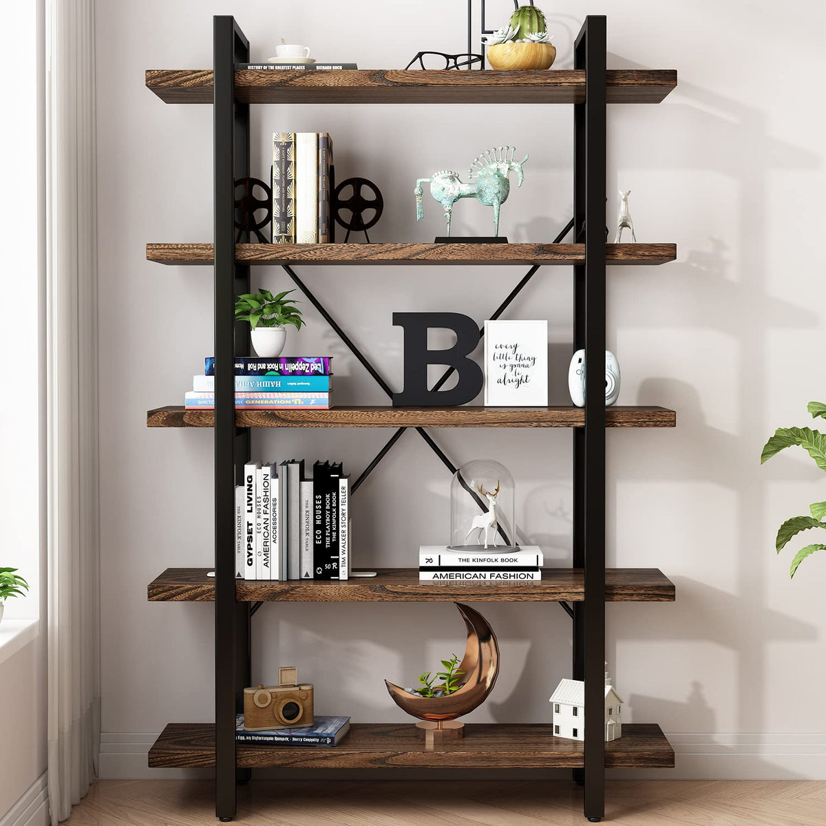 5-Tier Solid Wood and Metal Bookcase I81720