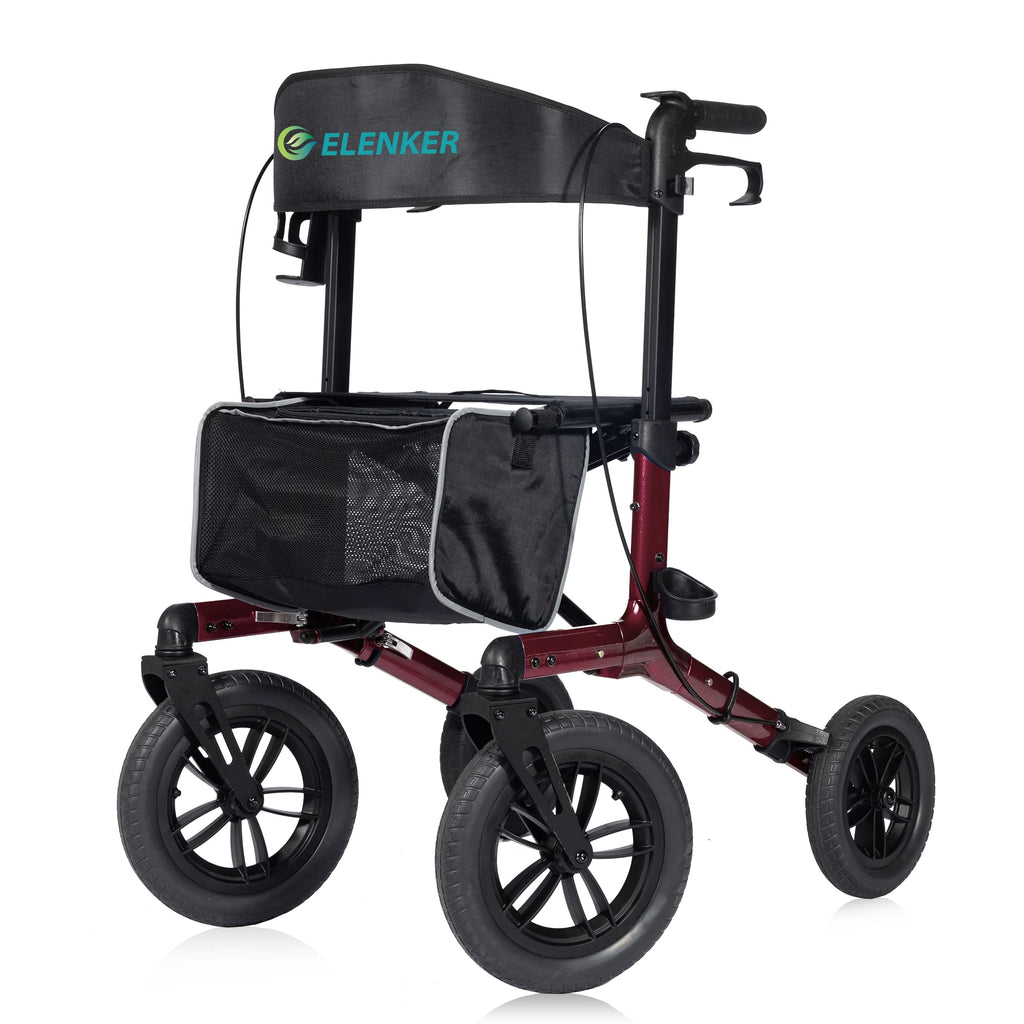 All-Terrain Rollator Walker with 12” Front Wheels, Compact Folding, Red T649