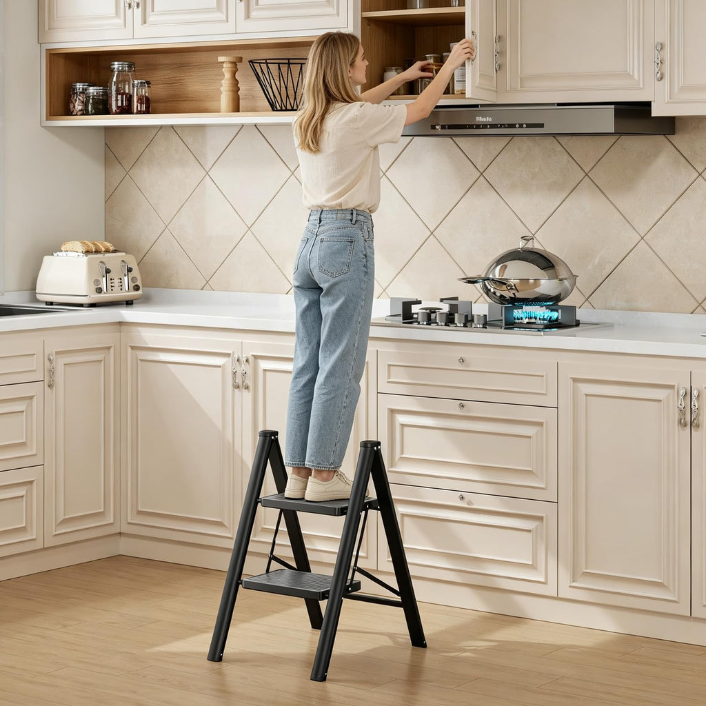 2 Step Folding Ladder with Non-Slip Wide Pedals and Safety Lock, Black J5243