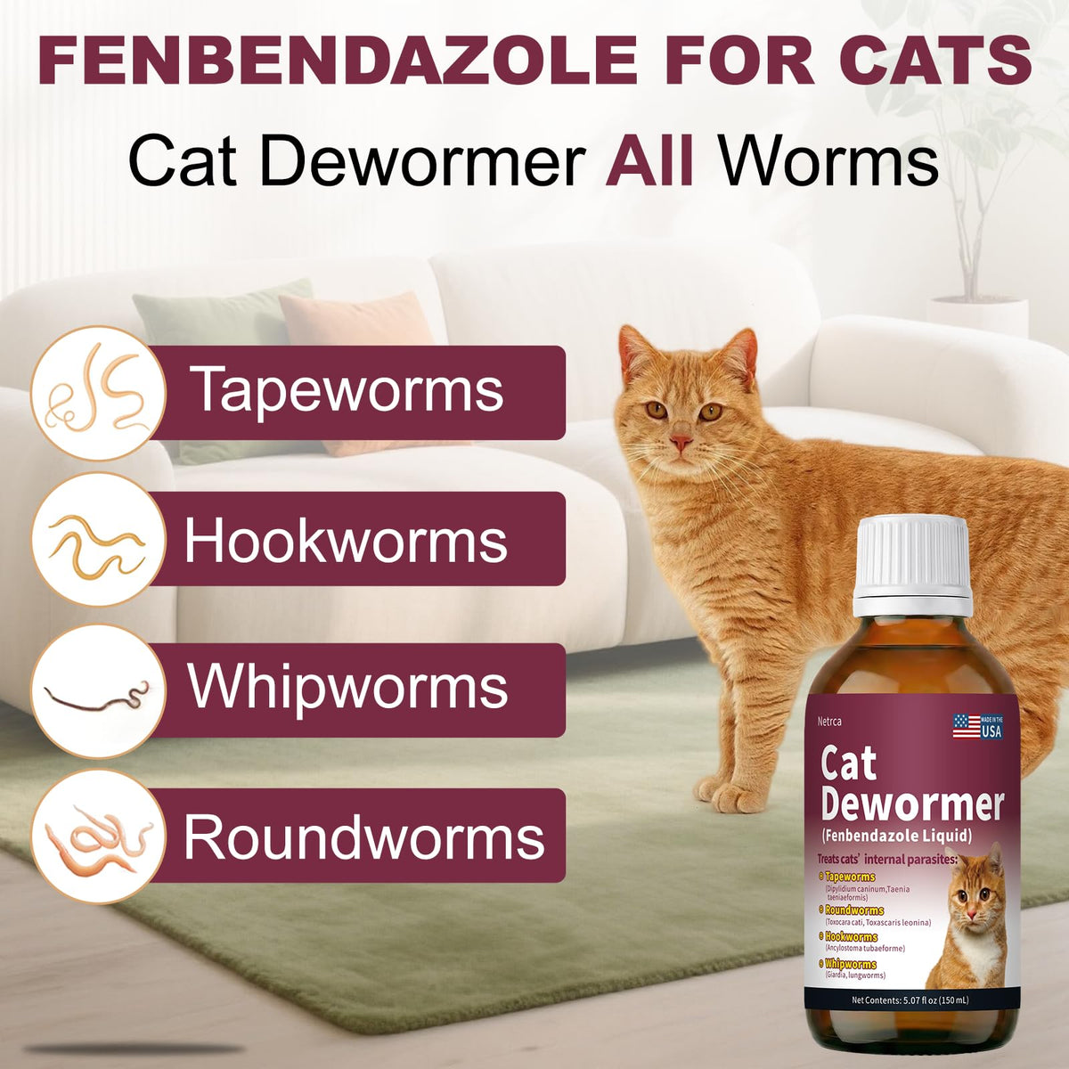 Fenbendazole Dewormer for Cats & Kitten, 150 mL V5377